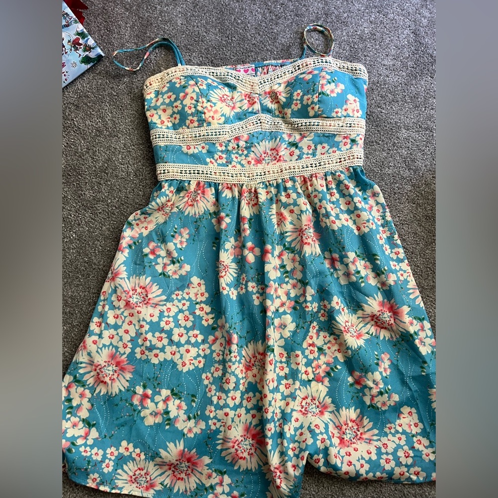 Three Pink Hearts Blue Floral Summer Flowy Dress Size Large